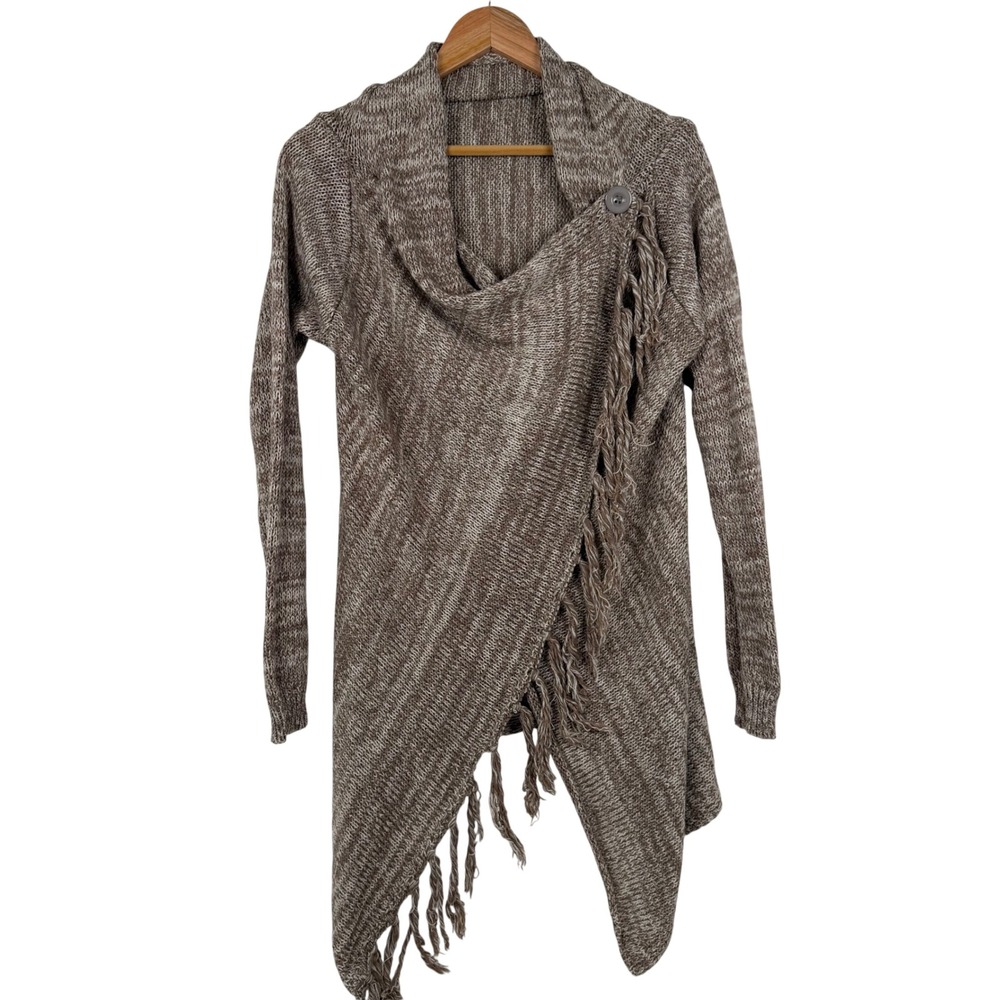Unbranded‎ Brown Marled Fringe Asymmetric Button Drape Knit Cardigan Sweater